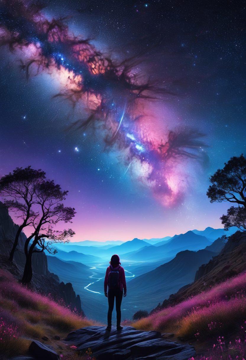A stunning cosmic landscape showcasing vibrant celestial wonders, including swirling galaxies, radiant nebulae, and shooting stars in a night sky filled with luminescent colors. In the foreground, a silhouette of a person gazes up, captivated by the beauty above, with constellations subtly visible. This scene embodies the essence of a visual journey through the universe. super-realistic. vibrant colors. 3D.
