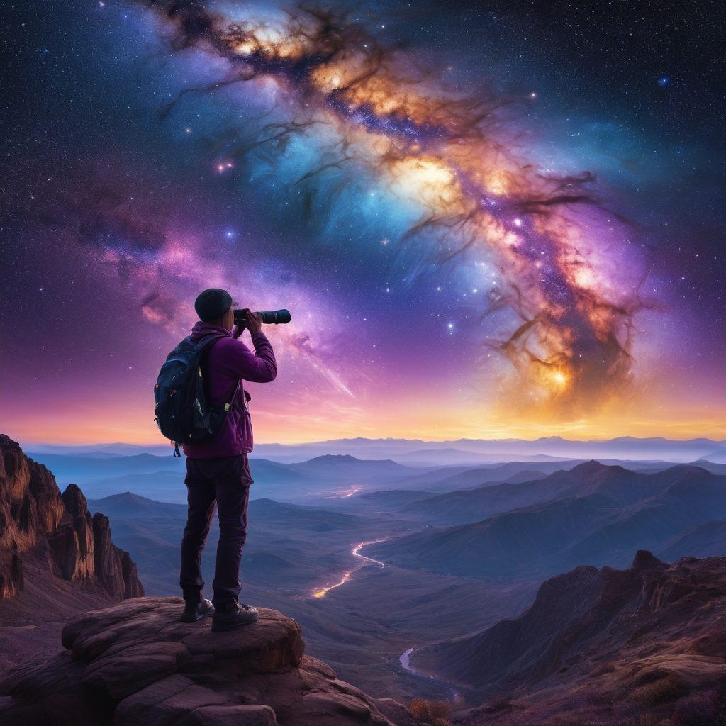 A cosmic landscape filled with vibrant nebulas, swirling galaxies, and distant planets, showcasing an adventurous figure exploring with a telescope in hand. Celestial bodies shimmer with iridescent colors, while ethereal trails of stardust weave through the scene. The sky is illuminated with hues of purple, blue, and gold, inviting viewers to explore the beauty of the universe. surreal and whimsical elements blend with realism to enhance the explorer's journey. super-realistic. vibrant colors. cosmic theme.