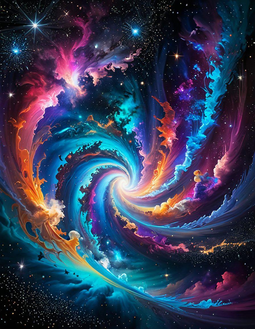 A breathtaking cosmic scene depicting vibrant galaxies swirling in a kaleidoscope of colors, illuminated stars twinkling against a deep space backdrop. Incorporate a sense of journey with a spaceship gliding through this celestial beauty, merging the grandeur of the universe with an exploration theme. Elements like nebulae, shooting stars, and distant planets should enhance the aesthetic appeal. surrealism. vibrant colors. cosmic style.